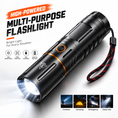 Rechargeable LED Flashlight with Telescopic Zoom & Power Bank Function – 4500mAh Metal Body Waterproof Tactical Torch with Type-C Charging
